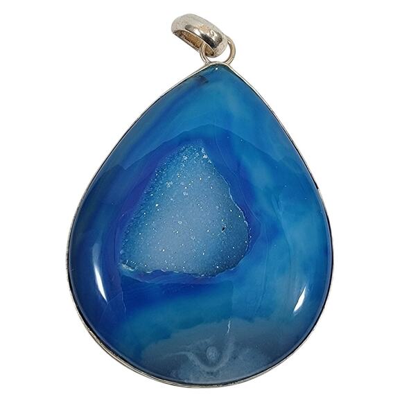Handmade Silver Pendant Featuring Blue Druzy Agate Teardrop Crystal Slice Design - Picture 1 of 10